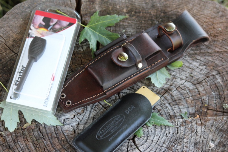 Canadian Bushcraft Leather Custom A1 sheath with DC4 and Firesteel photo